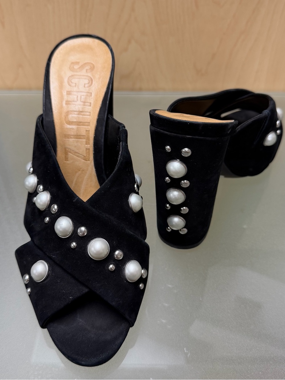 SCHUTZ Black Suede Pearl-Stud Block Heel Mules